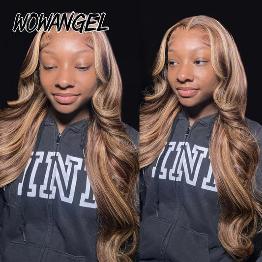 Wow Angel 13X6 HD Lace Frontal Human Hair Wigs 250% Highlight Body Wave Wigs Full Lace Wigs Melt Skins Ombre Colored Wigs Good Vibrations