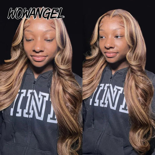 Wow Angel 13X6 HD Lace Frontal Human Hair Wigs 250% Highlight Body Wave Wigs Full Lace Wigs Melt Skins Ombre Colored Wigs Good Vibrations