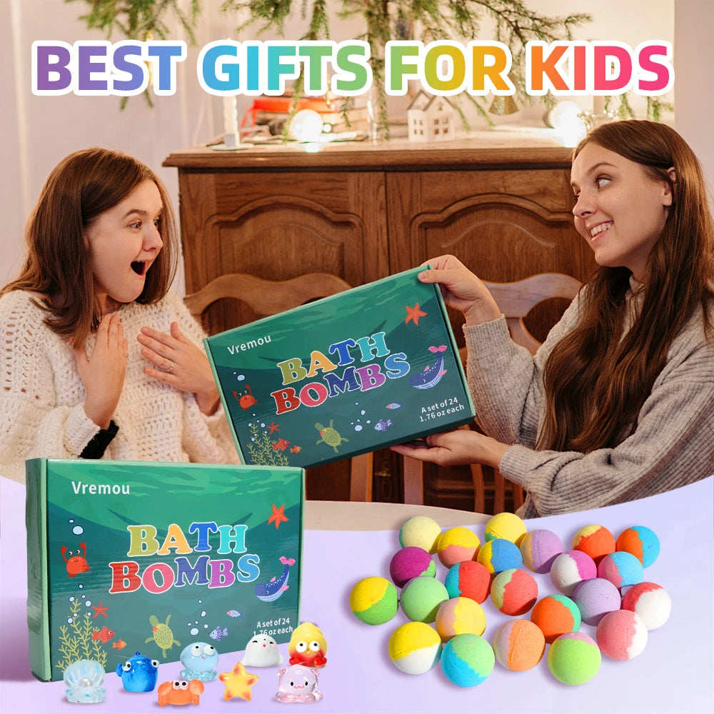Bath Bombs for Kids with Surprise Inside, 24 Pack Kids Bath Bombs Gift Set, Natural Organic Kids Bubble Bath Fizzy for Girls Boy Good Vibrations