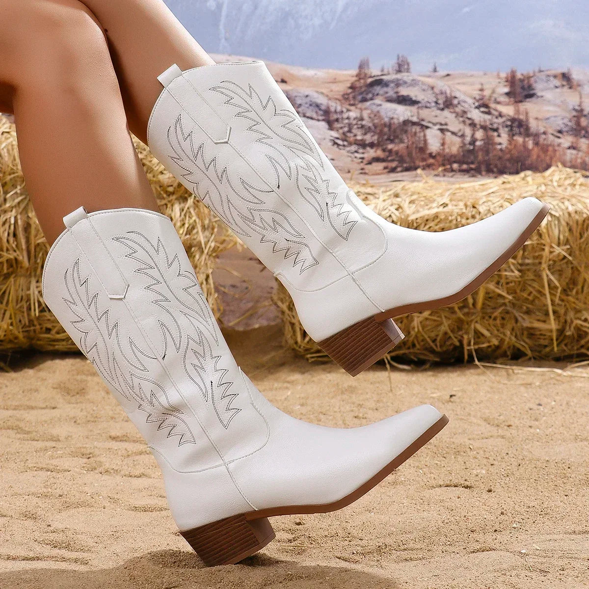 Women's Mid-Calf Boots 2024 New Autumn Winter Shoes Women Fashion Chunky Heeled Boots Vintage Western Cowgirl High Heels Boots Good Vibrations
