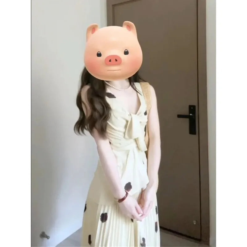 Women Two Piece Outfit V Neck Bow Sleeveless Top Printed Pleated Long Maxi Skirt Set Good Vibrations