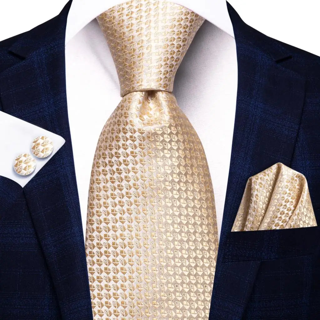 Hi-Tie Champagne Gold Striped Paisley Solid Men Silk Wedding Tie Fashion Design Necktie For Men Hanky Cufflink Business Party Good Vibrations