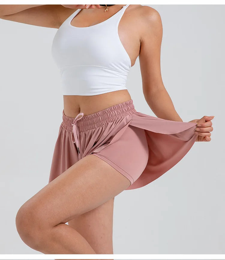 2 in 1 Flowy Sports Shorts Women Running Short Butterfly Tennis Skirt with Pockets Gym Yoga Athletic Biker Spandex Skirts Summer Good Vibrations
