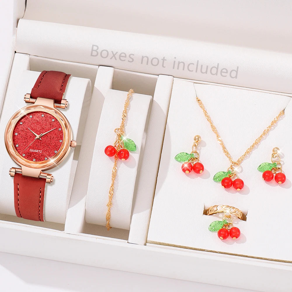 6PCS/Set Red Women's Watch With Minimalist Elements Dial Quartz Watch Latex Strap Cherry Elements Jewelry Set Girl's Gift Good Vibrations Adult Super Store
