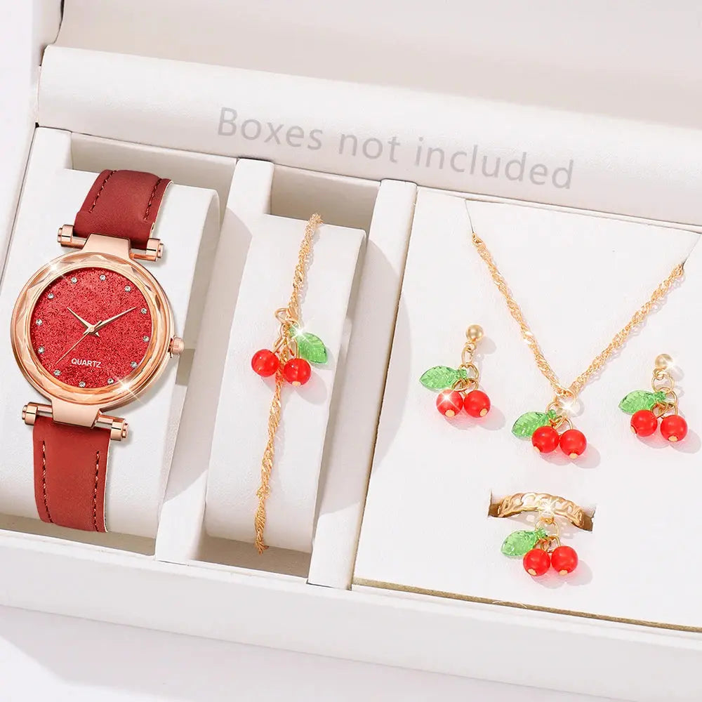 6PCS/Set Red Women's Watch With Minimalist Elements Dial Quartz Watch Latex Strap Cherry Elements Jewelry Set Girl's Gift Good Vibrations Adult Super Store