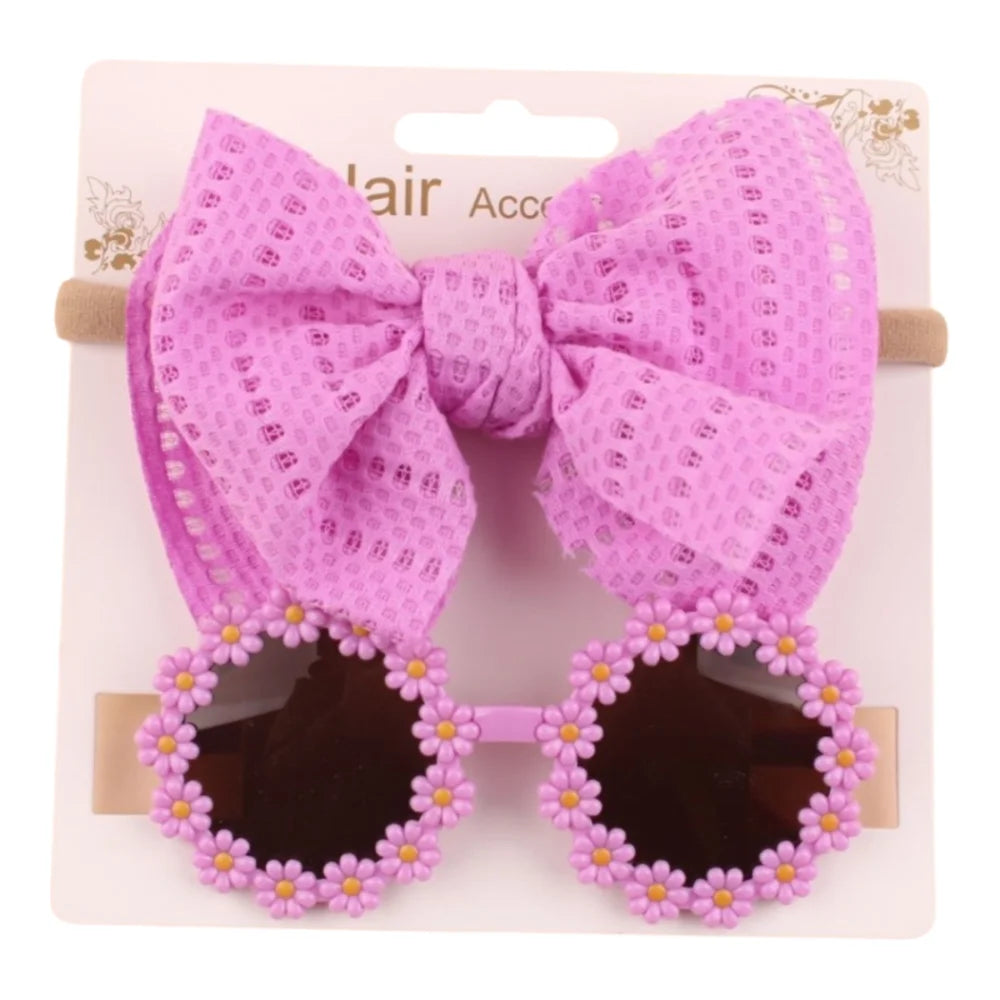 2pcs/set Soft Elastic Children Bowknot Headband Cotton Solid Color Baby Bows Turban Wide Kids Sunglasses Set Girls Headdress Good Vibrations