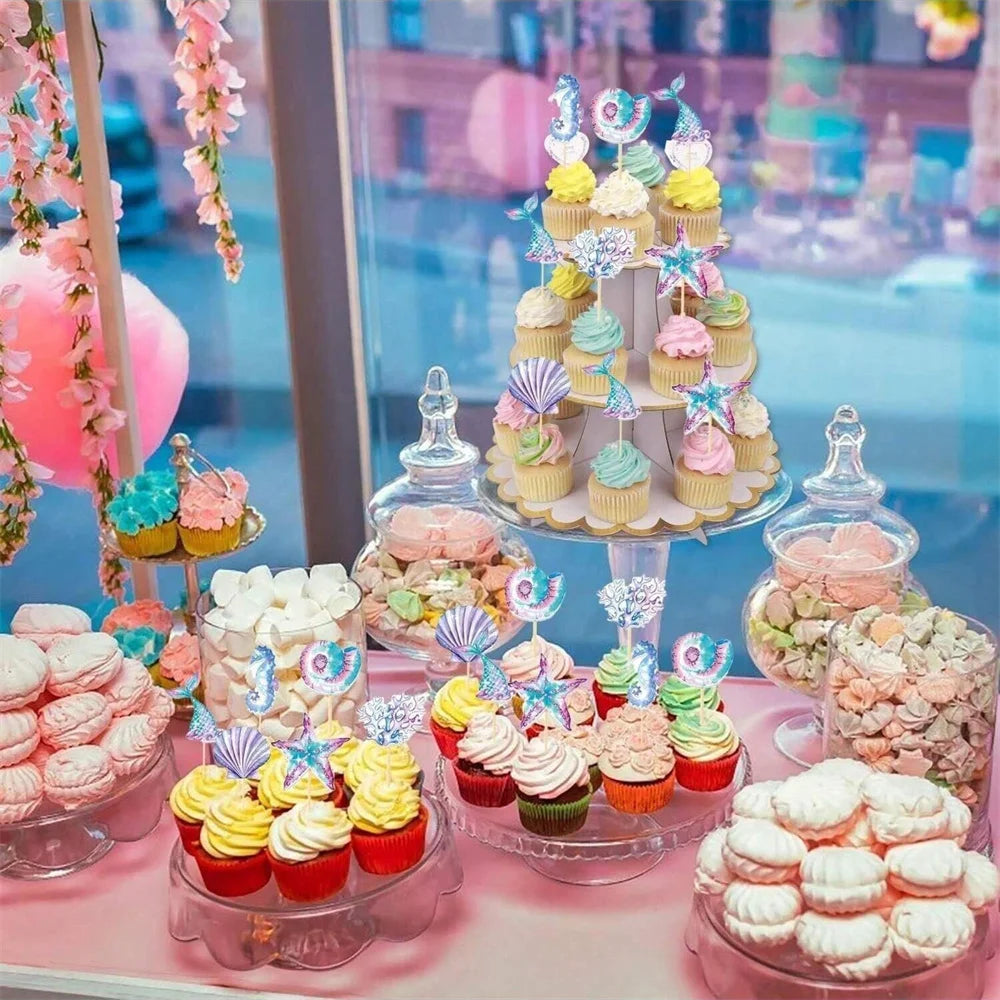 6/12/24pcs Mermaid Cake Toppers,Birthday Party Decoration,Reusable Mermaid Tail Happy Birthday Dessert Cake Topper,Cake Supplies Good Vibrations