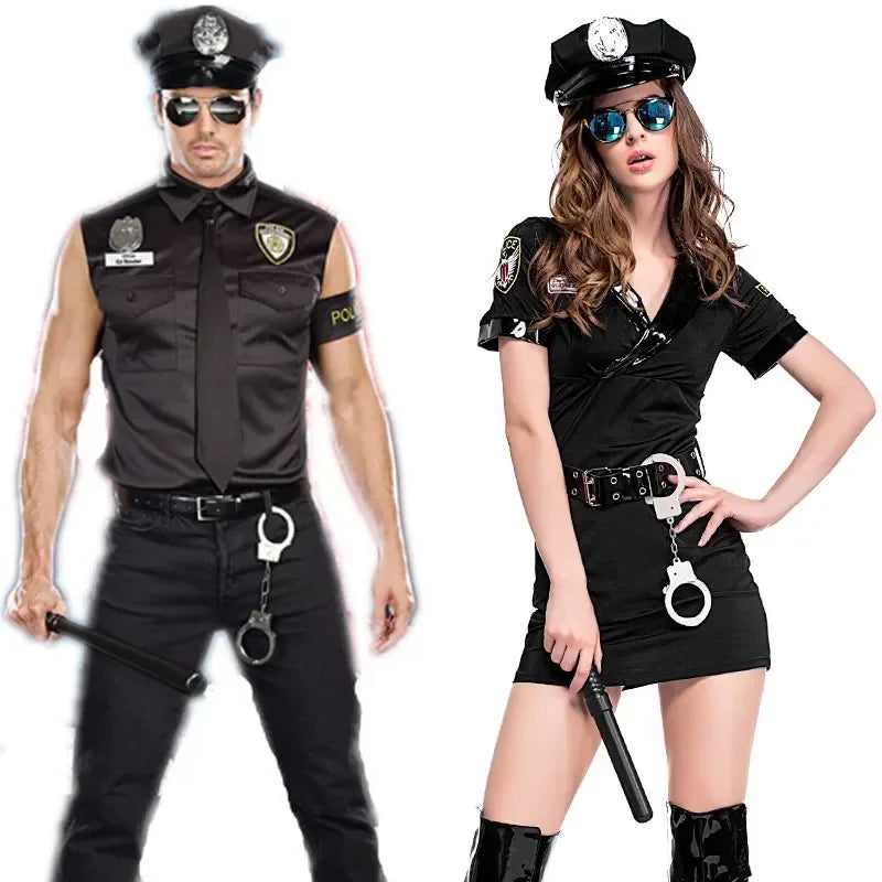 Couples adult police officer costumes for men and women with hats, sunglasses, batons, and handcuffs for Halloween cosplay