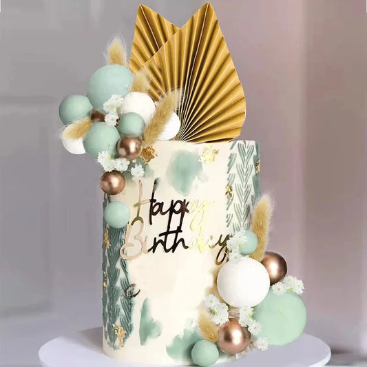 Suit Gold Palm Leaf Paper Fan Happy Birthday Cake Topper Metal Ball Flower Baby Shower Party Cupcake Decor Wedding Cake Toppers Good Vibrations