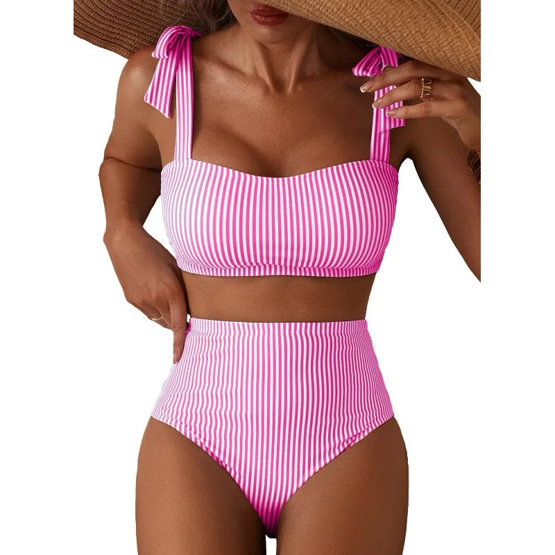 Women's 2026 Two Piece Bikini Set Striped High Waist Tie Shoulder Swimsuit Summer Beachwear Good Vibrations