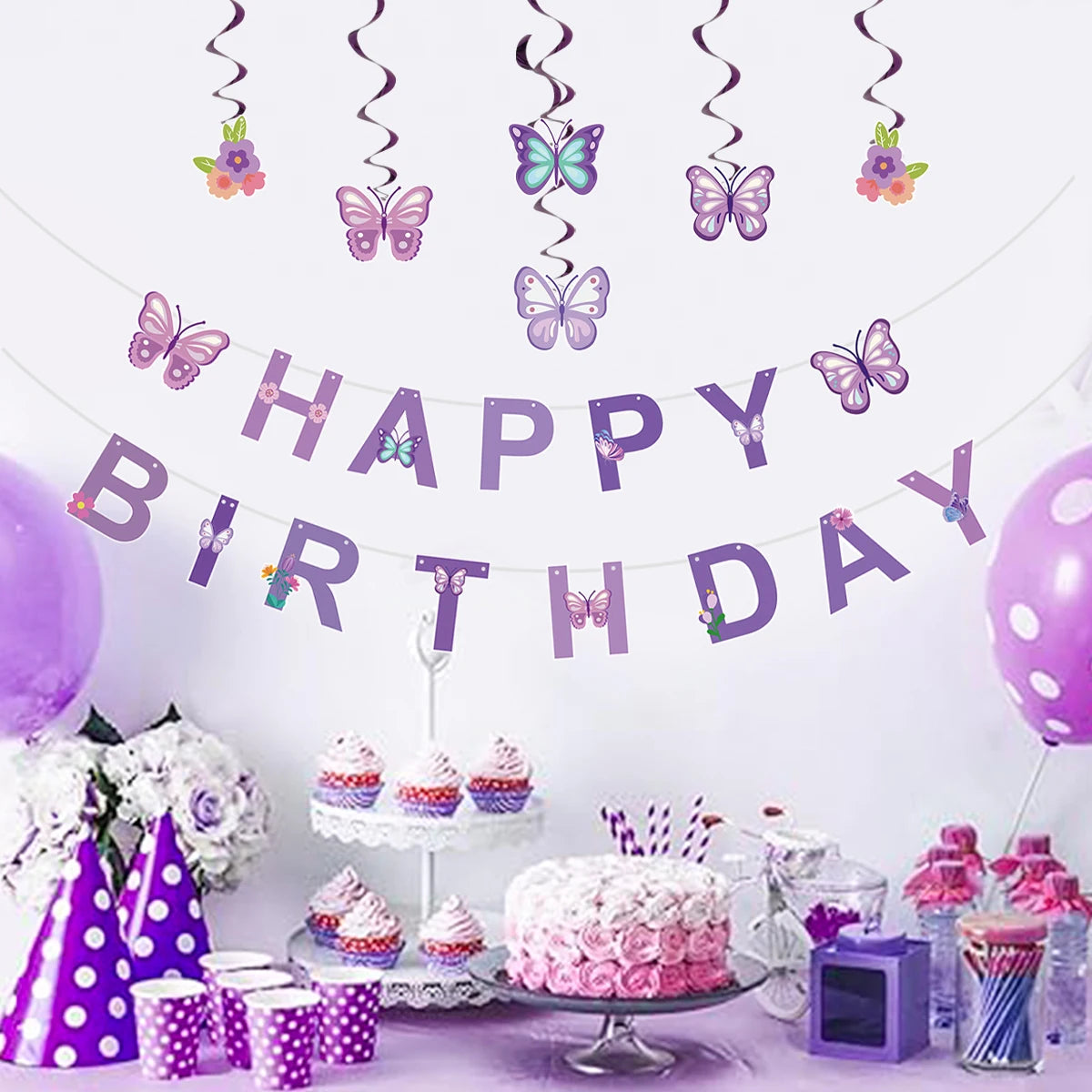 Pink Happy Birthday Banner With Butterfly Dancing Hanging Pendant Garlands  Girls Princess 1st Happy Birthday Party Decorations Good Vibrations