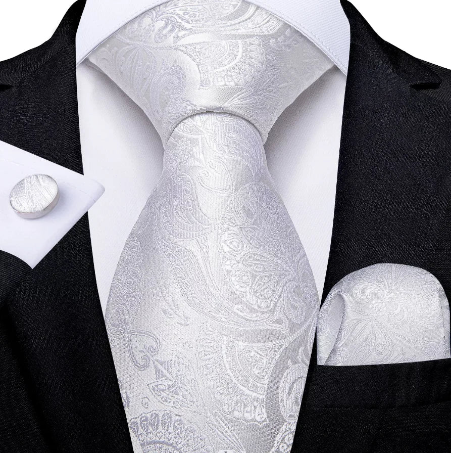 Men's Ties White Sliver Hanky Cufflinks Set Silk Neck ties For Men Wedding Party Business Mens Tie 2022 New Fashion Brand Hi-Tie Good Vibrations