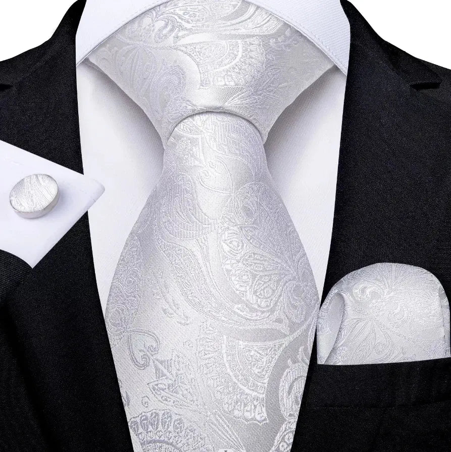 Men's Ties White Sliver Hanky Cufflinks Set Silk Neck ties For Men Wedding Party Business Mens Tie 2022 New Fashion Brand Hi-Tie Good Vibrations