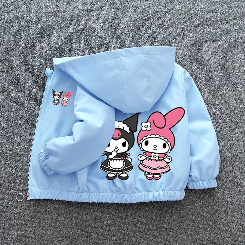 Kuromi Melody Girls Windbreaker Jacket 2024 New Spring Autumn Kid Fashion Cartoon Zipper Hooded Coat Teen Clothing Birthday Gift Good Vibrations