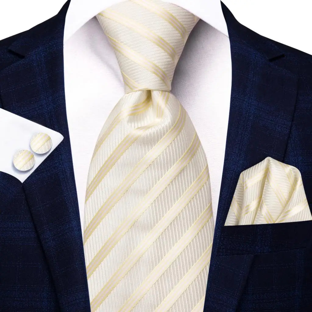 Hi-Tie Champagne Gold Striped Paisley Solid Men Silk Wedding Tie Fashion Design Necktie For Men Hanky Cufflink Business Party Good Vibrations