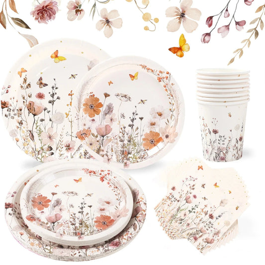 Spring Wild Flower Disposable Tableware Birthday Party Decor Wild Floral Paper Plates Cups Napkins Wedding Baby Shower Supplies Good Vibrations