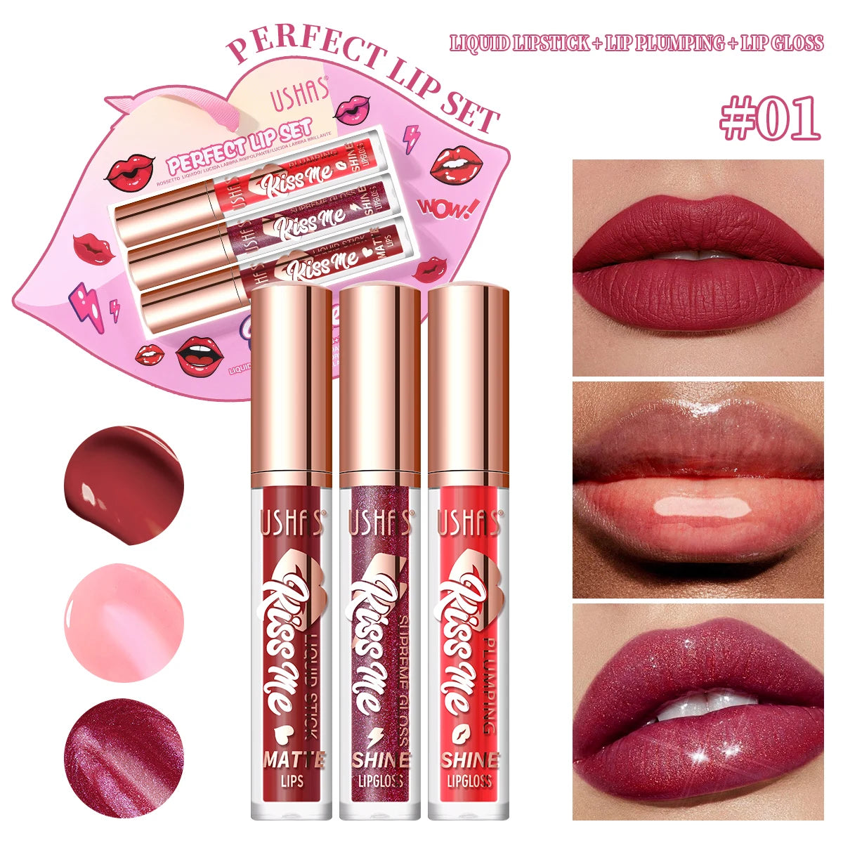 USHAS 3 Pcs/Set Lip Gloss Set, Matte and Glossy Lip Glaze Suit, 3 Different Colors in 1 Set, Perfect Gift for Girls&Women Good Vibrations