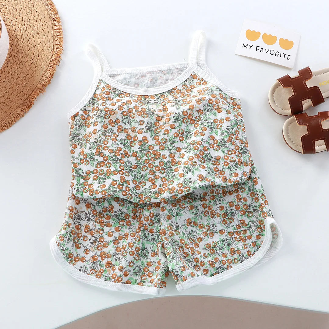 Girls Summer Clothes Sets New Baby Sleeveless Tops Shorts 2 Pieces Suit Girls Square Collar Clothing Set Kids Cotton Clothes Good Vibrations