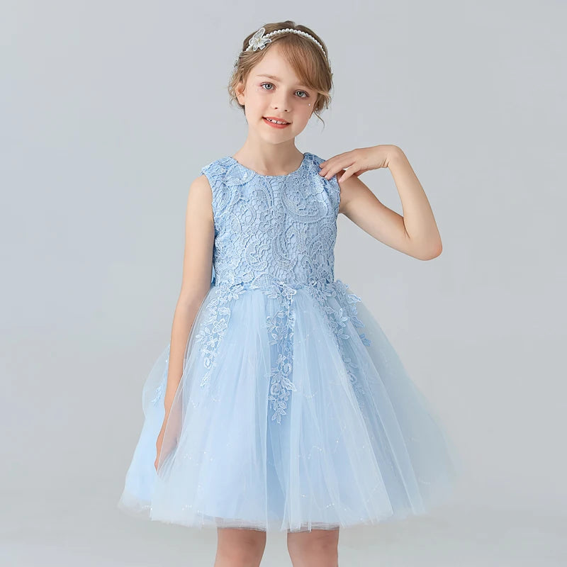 BX8991 White Lace Flower Girl Dress Bows Children's First Communion Dress Girls Sleeveless Princess Dresses Good Vibrations