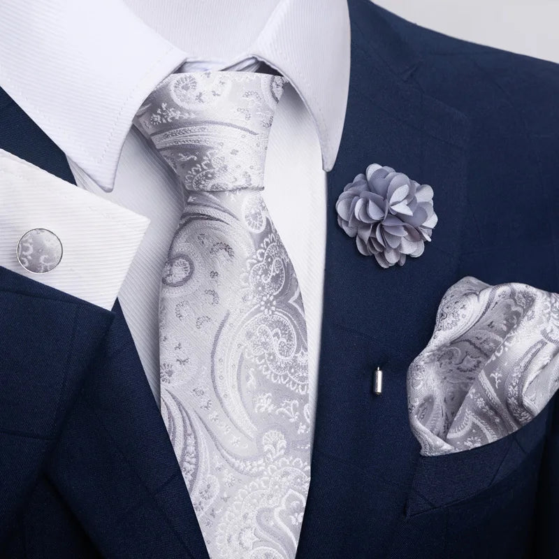 Luxury Mens Ties Floral Black Gold Ties Paisley NeckTie Pocket Square Cufflinks Brooch Set Men's Wedding Party Tie Good Vibrations