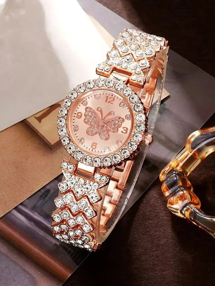 6 Piece Jewelry Set Rose Gold Luxury Watches Women Rings Necklace Earrings Rhinestone Fashion Watches Casual Women Watches Good Vibrations Adult Super Store