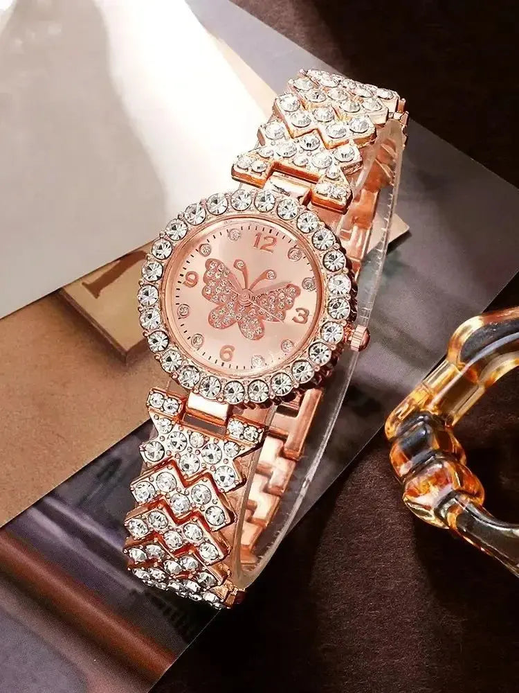 6 Piece Jewelry Set Rose Gold Luxury Watches Women Rings Necklace Earrings Rhinestone Fashion Watches Casual Women Watches Good Vibrations Adult Super Store