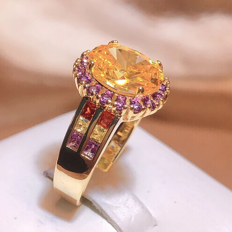 Trendy Citrine Ring for Women Geometry 925 Stamp Fine Jewelry with Oval Gemstones Blue Yellow Pink Zircon Rings Party Good Vibrations