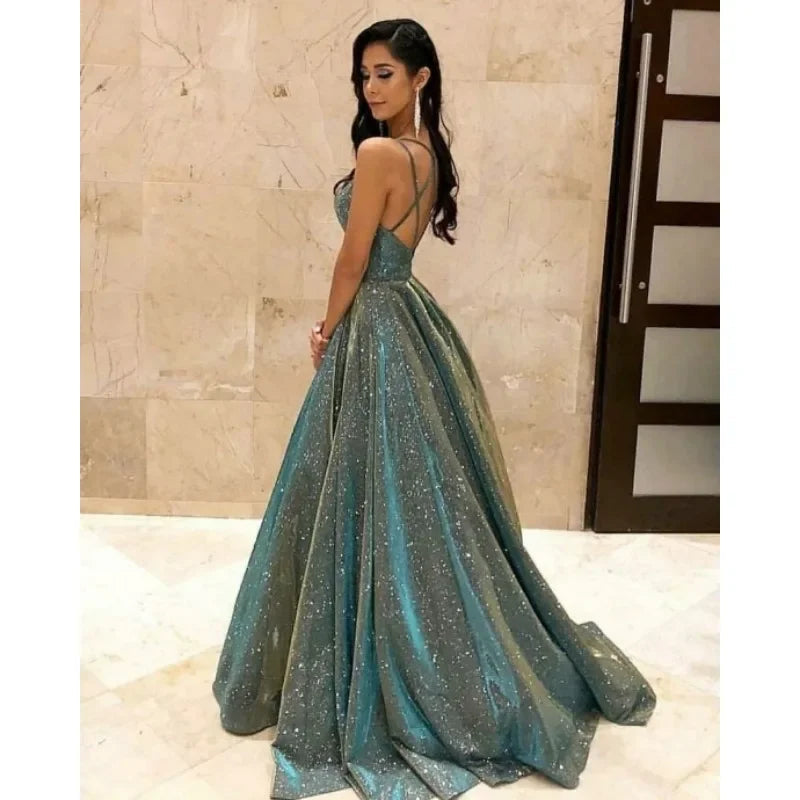 Sexy Strap V Neck Halter Glossy Guest Graduation Celebrity Evening Floor Length Dress Elegant Luxurious Women Corset Party Dress Good Vibrations