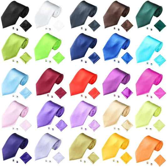Fashion Men Women Tie Set 10CM 4'' Wedding Accessories Black White Red Blue Gray Yellow Pink Purple Cufflinks Hanky Necktie Sets Good Vibrations