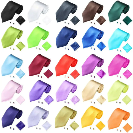 Fashion Men Women Tie Set 10CM 4'' Wedding Accessories Black White Red Blue Gray Yellow Pink Purple Cufflinks Hanky Necktie Sets Good Vibrations