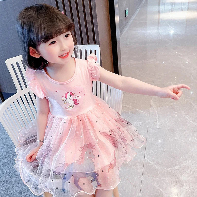 Girls Clothes 2025 New Summer Princess Dresses Flying Sleeve Kids Dress Unicorn Party Girls Dresses Children Outing Clothing 3-8 Good Vibrations