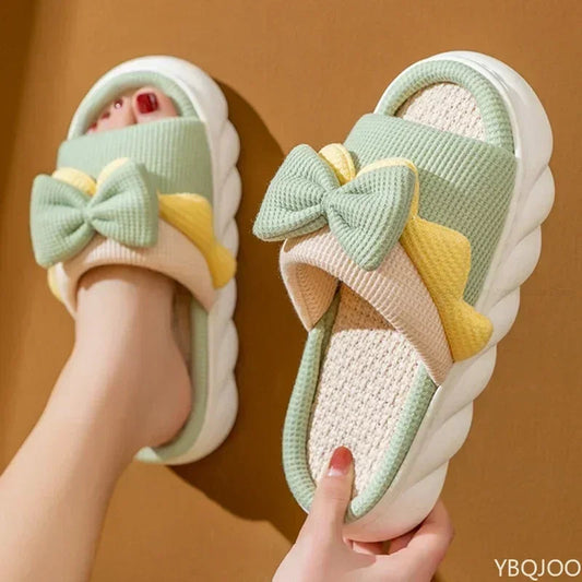 Linen Slippers Women Indoor Slippers Comzy Anti-Slip House Cotton Shoes Cute Bowknot Flat Slipper Couples Slides Spring Summer Good Vibrations