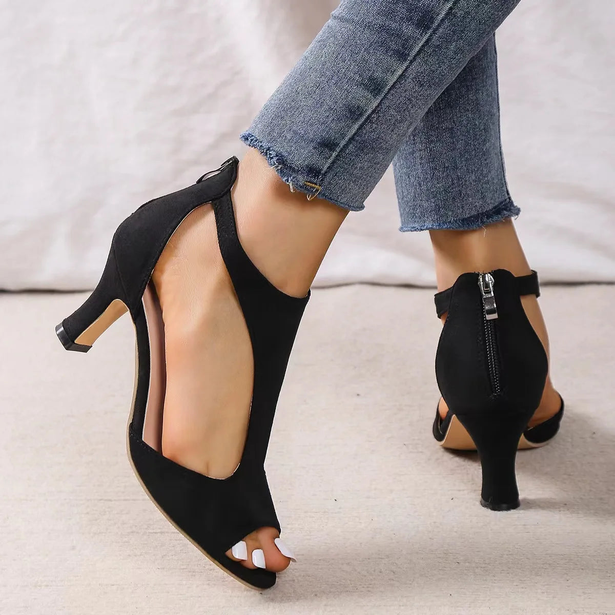 High Heel Womens Fashion Shoes - Zipper Back Closure Chunky French Heel, Round Toe T-strap Design Faux Leather Upper Rubber Sole Good Vibrations