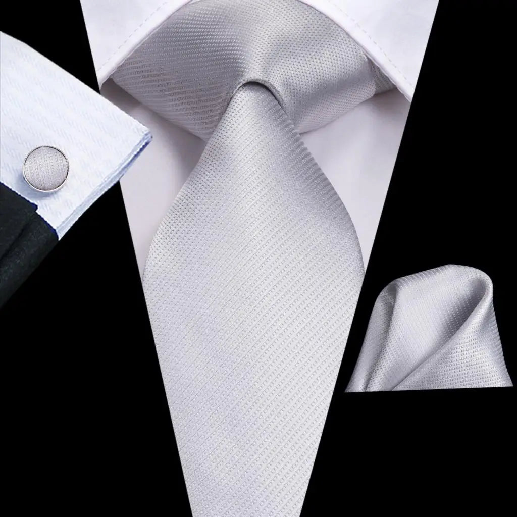 Men's Ties White Sliver Hanky Cufflinks Set Silk Neck ties For Men Wedding Party Business Mens Tie 2022 New Fashion Brand Hi-Tie Good Vibrations