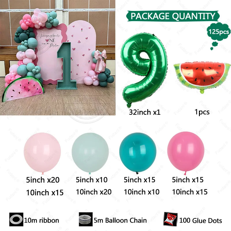 125pcs Summer Fruit Themed Party Decoration Green Number Birthday Balloon Set Red Watermelon Balloon Birthday Photo Background Good Vibrations