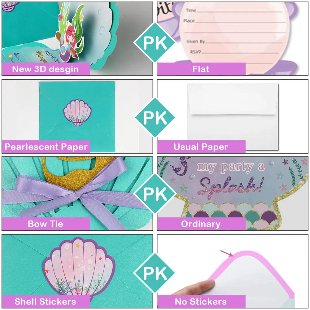 6Pcs Mermaid Party Invitations Pearlescent Mermaid Birthday Party Supplies with Envelopes for Kids Girls Birthday Wedding Decor Good Vibrations