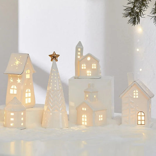 Christmas Ceramic Light Up Tree House Desktop Ornament Holiday Home Decor Tabletop Decoration Christmas Perfect Gift Idea Good Vibrations