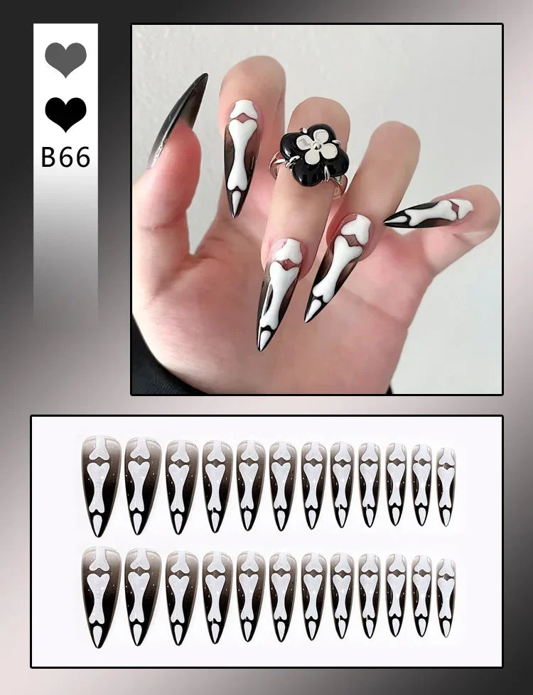 24pcs Halloween Nails Glitter Pink Sequin Fake Nail Patch Scary Skull Love Heart Pattern Artificial Nails Full Cover Wearable Good Vibrations