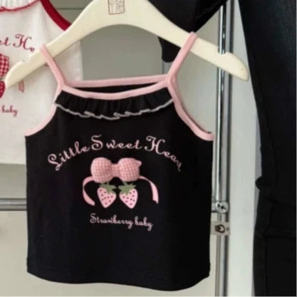 Girls T-shirt 2025 Summer New Childrens Clothing Korean Wind Girl Baby Sweet Lace Lovely Halter Vest Casual Simple Daily Good Vibrations