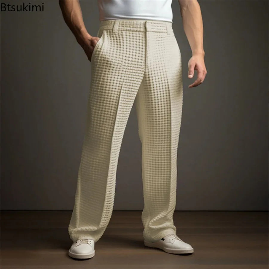 New 2025 Men's Elegant Waffle Suit Pants Solid Loose Straight Trousers Business Social Dress Pants Casual Vacation Pants for Men Good Vibrations