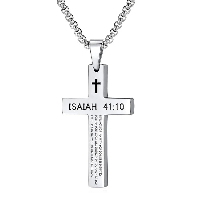 Christian Bible Verse Cross Pendant Necklace Stainless Steel Religious Scripture Prayer Jewelry Gifts Good Vibrations