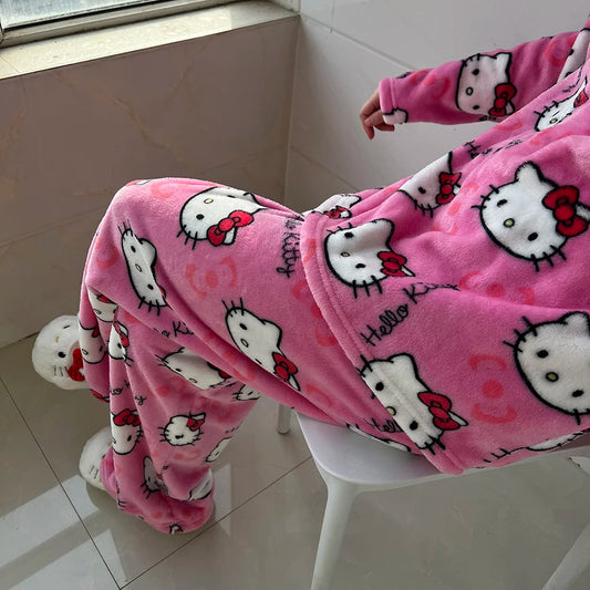 2Pcs/Set Anime Pajamas Pants Sanrio Hello Kitty Pajama Set Cartoon Cute Home Wear Couple Warm Loungewear Girl's Gift Good Vibrations