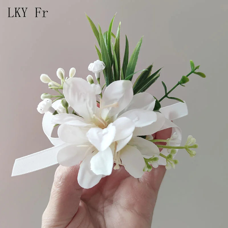 White Boutonniere Wedding Accessories Groom Buttonhole Wrist Corsage Brooch Flowers Artificial Silk Roses Bridesmaids Bracelets Good Vibrations