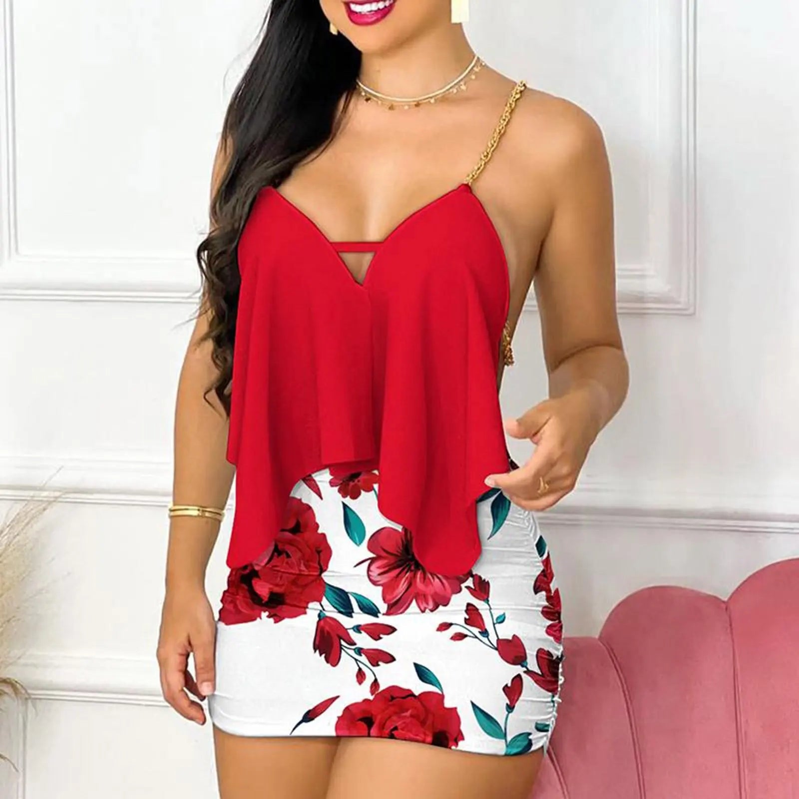 Womens Dresses Summer Fashion Floral Print Asymmetrical Chain Strap Sexy Backless V-Neck Sleeveless Bodycon Mini Dress Sets 2025 Good Vibrations