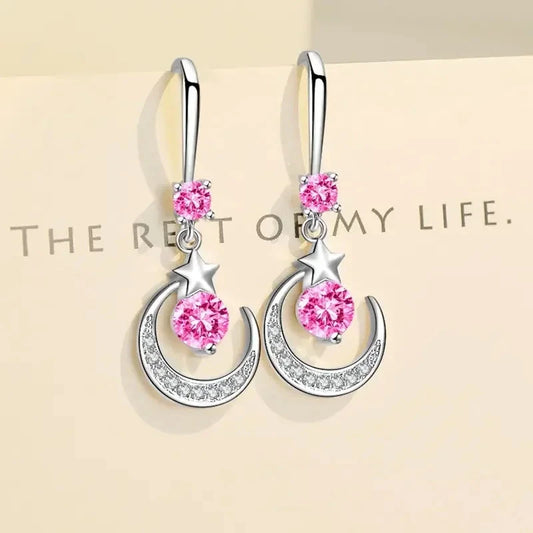 Female Fashion Star Moon Earrings 925 Sterling Silver White Sapphire Pink Blue White Artificial Dangle Earrings Good Vibrations Adult Super Store