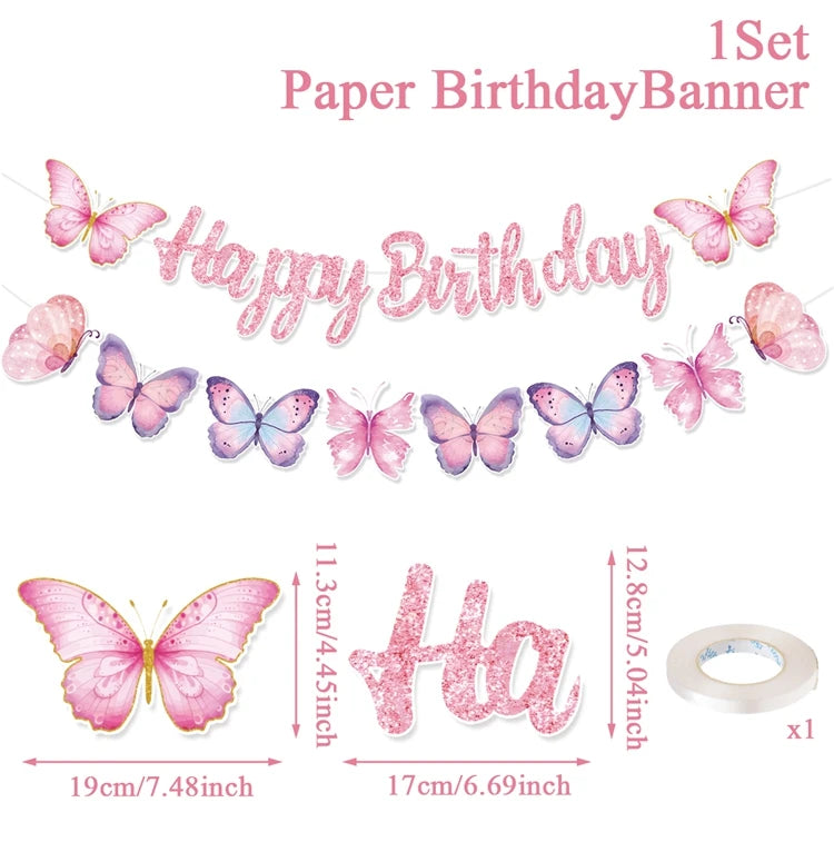 Pink Happy Birthday Banner With Butterfly Dancing Hanging Pendant Garlands  Girls Princess 1st Happy Birthday Party Decorations Good Vibrations