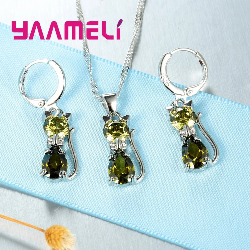 Real 925 Sterling Silver Color Jewelry Sets for Woman Girls Shining Austrian Crystal Cute Cat Pendant Necklace Huggie Earring Good Vibrations