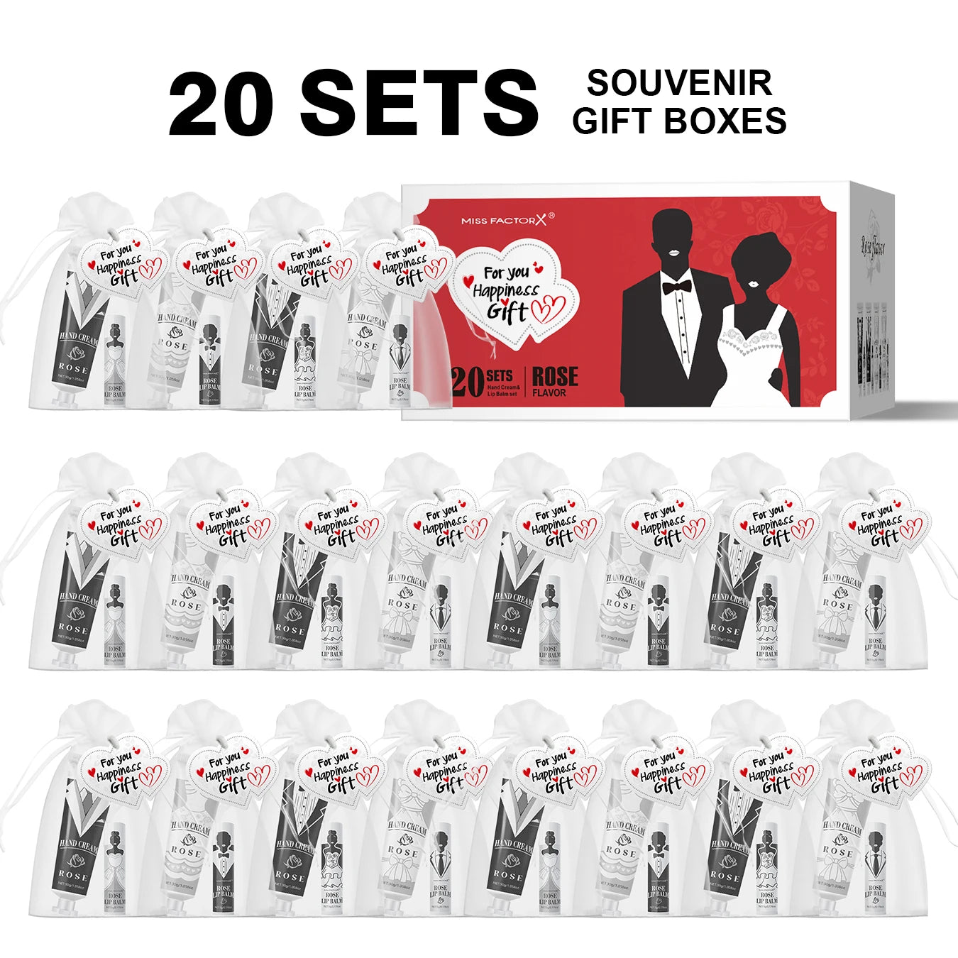 20 sets of wedding dress and suit theme gifts include hand cream, lipstick, white drawstring bag and wedding love greeting card
