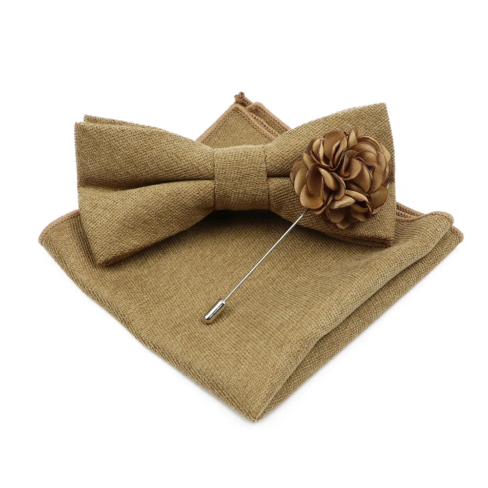 Mens Solid Color Cotton Bowtie Pocket Square Brooch Sets Pink Blue Super Soft Suede Bow Tie Handkerchief For Wedding Party Gift Good Vibrations