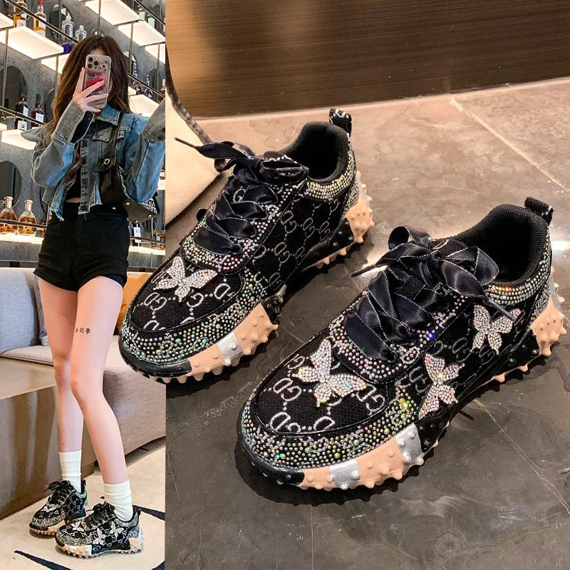 Women Sports Shoes Trend 2024 Rhinestone Sneaker Tennis Female Casual Mirror Luxury Designer Elegant Fashion Shoes for Women Good Vibrations